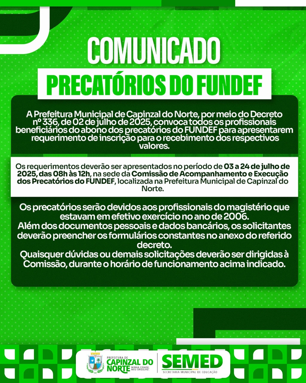 COMUNICADO PRECATÓRIOS DO FUNDEF